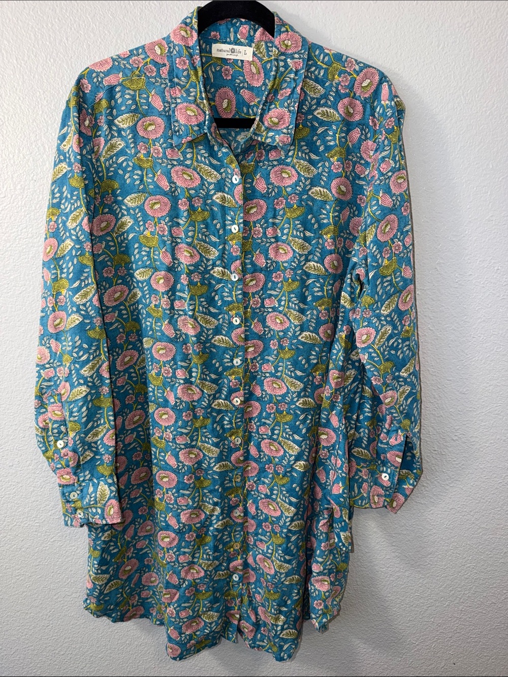 Natural Life Floral Button-Cuff Women’s Dress in Teal and Pink